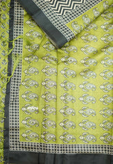 Yamini Paper silk with Ajrakh pallu and blouse - Black with Neon green - Madras Sarees